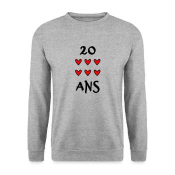 20 ANS. 20e ANNIVERSAIRE. ANNIVERSAIRE 20 ANS. ANN - Sweat-shirt Unisexe - gris chiné - Devant - Alina (178cm) & Michal (187cm)