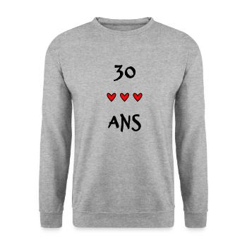 30 ANS. 30e ANNIVERSAIRE. ANNIVERSAIRE 30 ANS - Sweat-shirt Unisexe - gris chiné - Devant - Alina (178cm) & Michal (187cm)