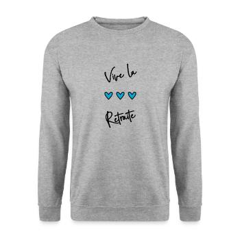 RETRAITE. BONNE RETRAITE. JOYEUSE RETRAITE - Sweat-shirt Unisexe - gris chiné - Devant - Alina (178cm) & Michal (187cm)