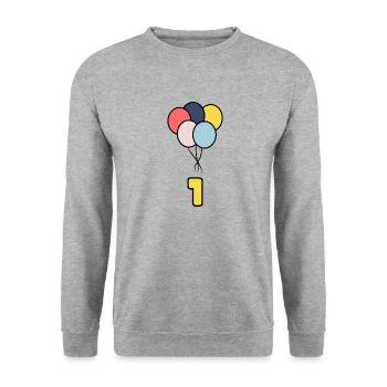 1. 1 AN. 1er ANNIVERSAIRE. ANNIVERSAIRE 1 AN - Sweat-shirt Unisexe - gris chiné - Devant - Alina (178cm) & Michal (187cm)