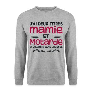 Zwei Granny- und Biker-Titel | Oma | Motorrad - Unisex Pullover - Weißgrau meliert - Vorne - Alina (178cm) & Michal (187cm)