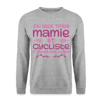 Zwei Titel Oma Radsportlerin | Oma | Fahrrad - Unisex Pullover - Weißgrau meliert - Vorne - Alina (178cm) & Michal (187cm)