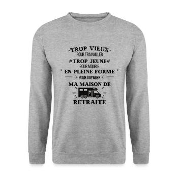 tee shirt Camping car Ma maison de retraite - Sweat-shirt Unisexe - gris chiné - Devant - Alina (178cm) & Michal (187cm)
