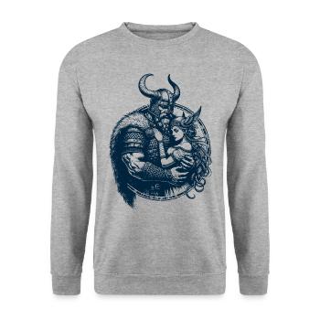 Wikinger-Krieger hält seine Freya Valkyrie - Unisex Pullover - Weißgrau meliert - Vorne - Alina (178cm) & Michal (187cm)