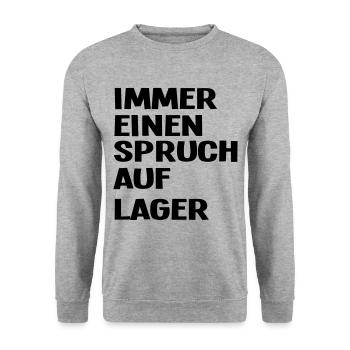 Immer einen Spruch auf Lager Logistik Logistiker - Unisex Pullover - Weißgrau meliert - Vorne - Alina (178cm) & Michal (187cm)