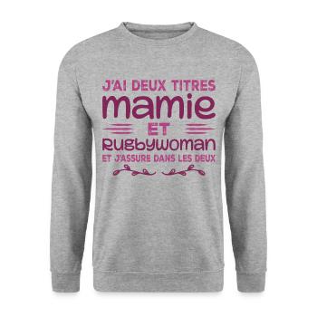 Zwei Granny Rugbywoman-Titel | Oma, Rugby - Unisex Pullover - Weißgrau meliert - Vorne - Alina (178cm) & Michal (187cm)