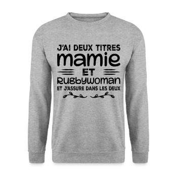 Zwei Granny Rugbywoman-Titel | Oma, Rugby - Unisex Pullover - Weißgrau meliert - Vorne - Alina (178cm) & Michal (187cm)