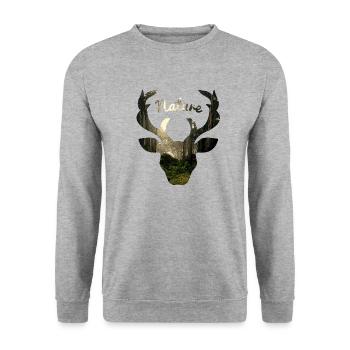 Natur, Nature, Hirsch, Wald - Unisex Pullover - Weißgrau meliert - Vorne - Alina (178cm) & Michal (187cm)