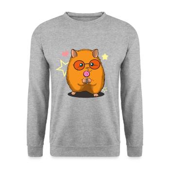 Lustiger Hamster mit Lutscher Lolly Pop - Unisex Pullover - Weißgrau meliert - Vorne - Alina (178cm) & Michal (187cm)