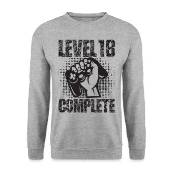 Level 18 Complete Geburtstagsgeschenk 18 Jahre - Unisex Pullover - Weißgrau meliert - Vorne - Alina (178cm) & Michal (187cm)