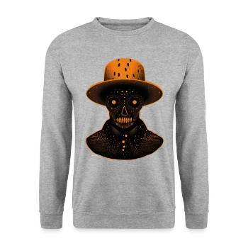An Orange skeleton like head wearing a hat - Unisex Sweatshirt - salt & pepper - Front - Alina (178cm) & Michal (187cm)