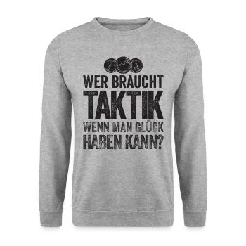 Wer braucht Taktik? Bouler und Boulespieler - Unisex Pullover - Weißgrau meliert - Vorne - Alina (178cm) & Michal (187cm)
