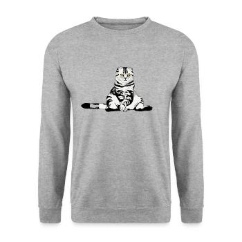 Lustige übergewichtige Katze - Unisex Pullover - Weißgrau meliert - Vorne - Alina (178cm) & Michal (187cm)