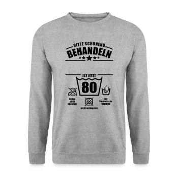 Schonend behandeln, 80. Geburtstag, Wunschname - Unisex Pullover - Weißgrau meliert - Vorne - Alina (178cm) & Michal (187cm)