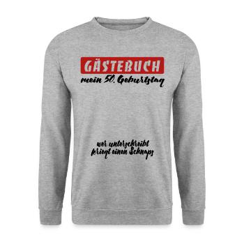 Gästebuch 50. Geburtstag, unterschreiben, Geschenk - Unisex Pullover - Weißgrau meliert - Vorne - Alina (178cm) & Michal (187cm)