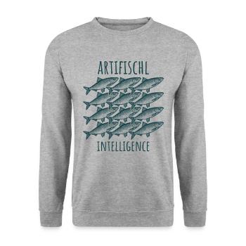 Artifischl Intelligence - Hering Schwarm Wortspiel - Unisex Pullover - Weißgrau meliert - Vorne - Alina (178cm) & Michal (187cm)
