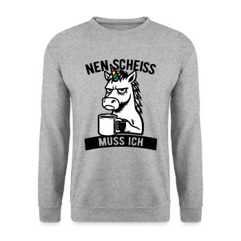 Freches Einhorn - Nen Scheiß muss ich - Kaffee - Unisex Pullover - Weißgrau meliert - Vorne - Alina (178cm) & Michal (187cm)