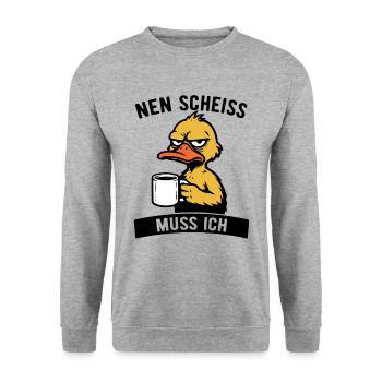 Freche Ente - Nen Scheiß muss ich - Kaffee - Unisex Pullover - Weißgrau meliert - Vorne - Alina (178cm) & Michal (187cm)