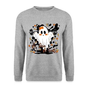No Workout No Treats! Halloween Fitness Geist - Unisex Pullover - Weißgrau meliert - Vorne - Alina (178cm) & Michal (187cm)