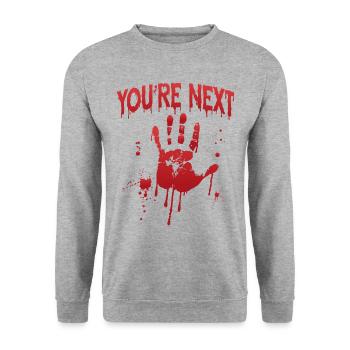 Blutiger Handabdruck Du bist der Nächste - Unisex Pullover - Weißgrau meliert - Vorne - Alina (178cm) & Michal (187cm)