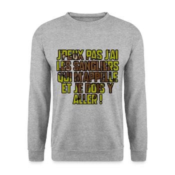 J’peux pas j’ai les sangliers qui m’appelle - Sweat-shirt Unisexe - gris chiné - Devant - Alina (178cm) & Michal (187cm)
