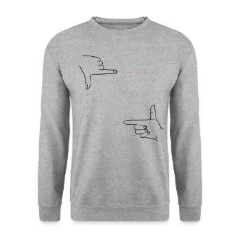 Handzeichen Bildausschnitt – 2 Farben - Unisex Pullover - Weißgrau meliert - Vorne - Alina (178cm) & Michal (187cm)