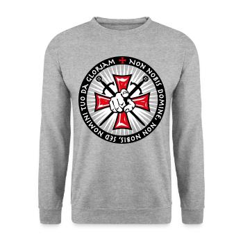 21 Ritter Kreuz Zeigefinger Schwerter Non Nobis - Unisex Pullover - Weißgrau meliert - Vorne - Alina (178cm) & Michal (187cm)