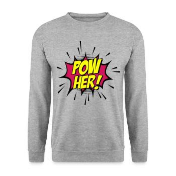 Farben änderbar | Pow her Frau Energie Power - Unisex Pullover - Weißgrau meliert - Vorne - Alina (178cm) & Michal (187cm)
