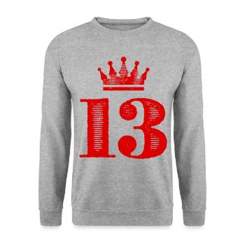 13 Zahl Krone - Unisex Pullover - Weißgrau meliert - Vorne - Alina (178cm) & Michal (187cm)