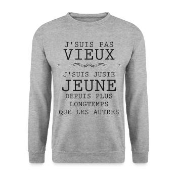 Vieux Moi ? Pas Du Tout Expression Pour papa Papi - Sweat-shirt Unisexe - gris chiné - Devant - Alina (178cm) & Michal (187cm)