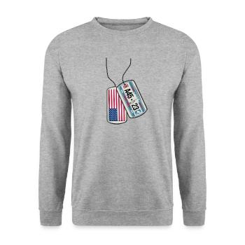 Erkennungsmarke NEW YORK Flagge BIG APPLE - Unisex Pullover - Weißgrau meliert - Vorne - Alina (178cm) & Michal (187cm)