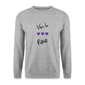 RETRAITE. BONNE RETRAITE. JOYEUSE RETRAITE - Sweat-shirt Unisexe - gris chiné - Devant - Alina (178cm) & Michal (187cm)