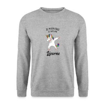 Humour Je M'en Fou Je Suis Une Licorne Cadeau - Sweat-shirt Unisexe - gris chiné - Devant - Alina (178cm) & Michal (187cm)
