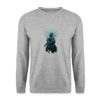 Tabletop-Krieger: Krähenliebhaber mit Schwert - Einzigartig - Unisex Pullover - Weißgrau meliert - Vorne - Alina (178cm) & Michal (187cm)