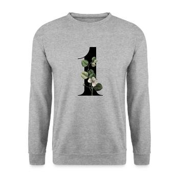 Nummer 1 Blumengrün -1. Blumengeburtstag - Unisex Pullover - Weißgrau meliert - Vorne - Alina (178cm) & Michal (187cm)