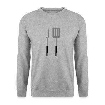Grillgabel Pfannenwender grillen Utensilien - Unisex Pullover - Weißgrau meliert - Vorne - Alina (178cm) & Michal (187cm)