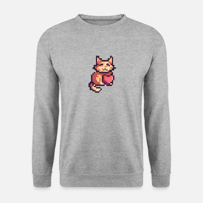 Pixelart, Cat with Heart - Unisex Pullover - Weißgrau meliert