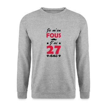 Je m'en fous j'ai 27 ans / humour anniversaire - Sweat-shirt Unisexe - gris chiné - Devant - Alina (178cm) & Michal (187cm)