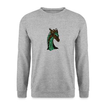 Der grün gold glitzernde Drache - Unisex Pullover - Weißgrau meliert - Vorne - Alina (178cm) & Michal (187cm)