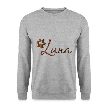 Luna Name Hund Katze Felldesign mit Pfote - Unisex Pullover - Weißgrau meliert - Vorne - Alina (178cm) & Michal (187cm)