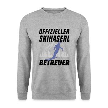 Offizieller Skihaserl Betreuer Apres Ski Sprüche - Unisex Pullover - Weißgrau meliert - Vorne - Alina (178cm) & Michal (187cm)