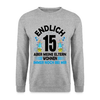 15. Geburtstag Jungen Geschenk lustig Endlich 15 - Unisex Pullover - Weißgrau meliert - Vorne - Alina (178cm) & Michal (187cm)