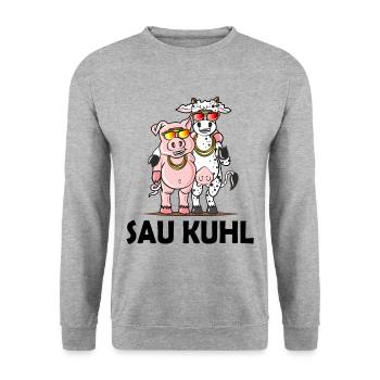 Schweine Kühe Geschenk witziges Wortspiel Humor - Unisex Pullover - Weißgrau meliert - Vorne - Alina (178cm) & Michal (187cm)