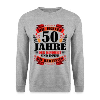 50 Geburtstag Frauen Männer Geschenk lustig - Unisex Pullover - Weißgrau meliert - Vorne - Alina (178cm) & Michal (187cm)