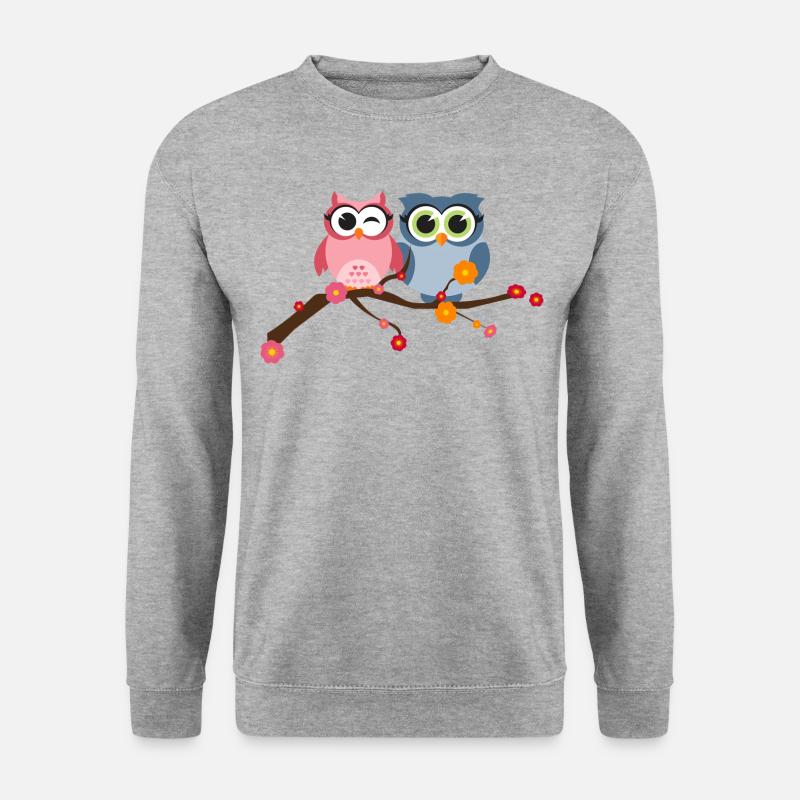 Zwei süße Eulen Vögel auf einem Ast mit Blumen - Unisex Pullover - Weißgrau meliert