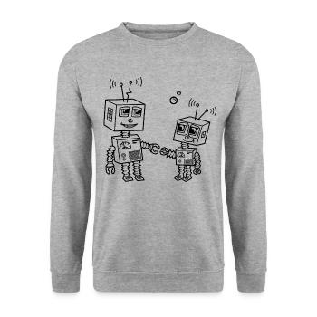 Roboter Vater und Kind, Robot father and son, Papa - Unisex Pullover - Weißgrau meliert - Vorne - Alina (178cm) & Michal (187cm)