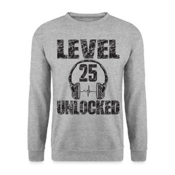 Level 25 Unlocked Geburtstagsgeschenk 25 Jahre - Unisex Pullover - Weißgrau meliert - Vorne - Alina (178cm) & Michal (187cm)