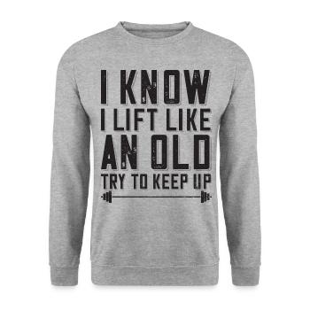 Bodybuilder Ich hebe wie alter Mann Langhantel - Unisex Pullover - Weißgrau meliert - Vorne - Alina (178cm) & Michal (187cm)