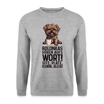 Bolonkas hören aufs Wort! Bolonka Zwetna Hund - Unisex Pullover - Weißgrau meliert - Vorne - Alina (178cm) & Michal (187cm)