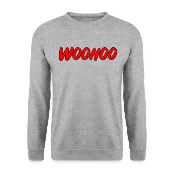 Woohoo - Roter Popart Schriftzug - Unisex Pullover - Weißgrau meliert - Vorne - Alina (178cm) & Michal (187cm)